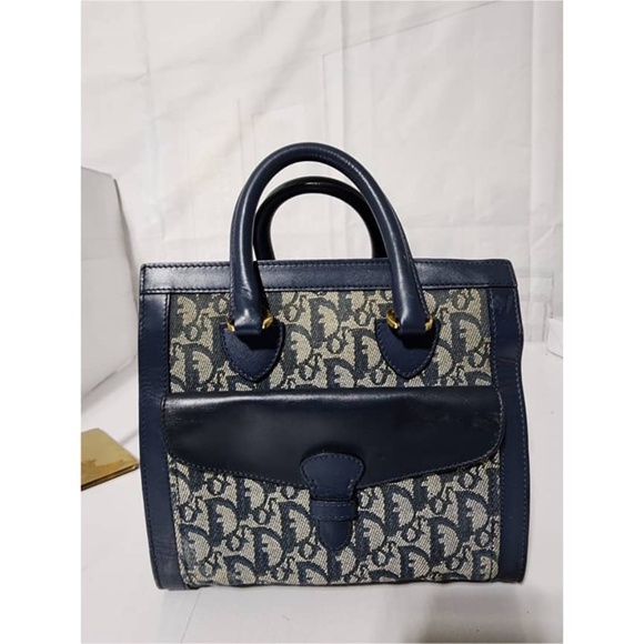 Authentic Christian Dior Oblique Handle Bag Navy Blue/Grey - Picture 1 of 15